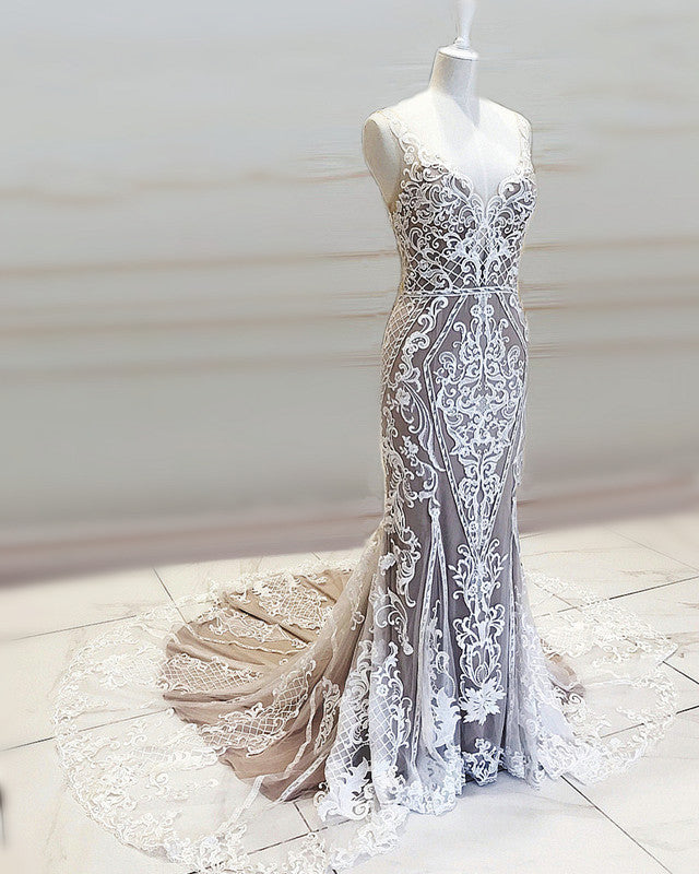 mermaid wedding dress patterns Lace Embroidery Mermaid Wedding Dress V Neck Sweep Train – alinanova