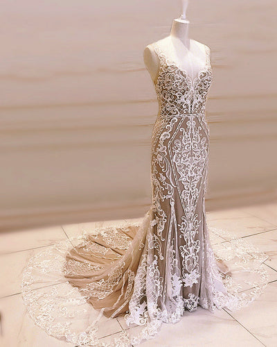 Lace Embroidery Mermaid Wedding Dress V Neck Sweep Train-alinanova