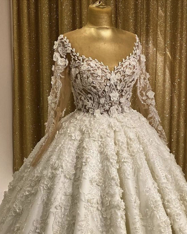 Luxurious Lace Embroidery Wedding Dresses Long Sleeves Sheer Neck Luxurious Lace Embroidery Wedding Dresses Long Sleeves Sheer Neck