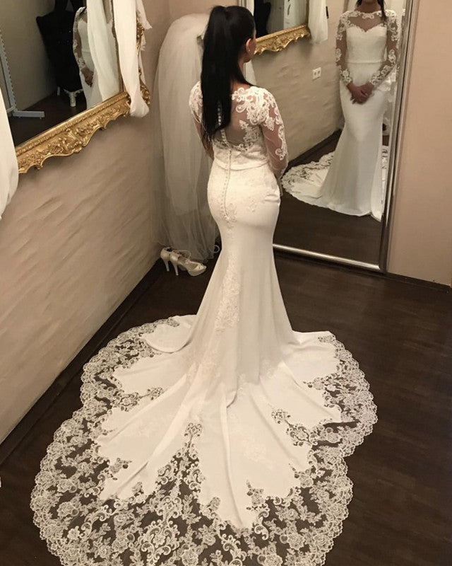 Long Sleeves Mermaid Wedding Dress Lace Sweep Train-alinanova