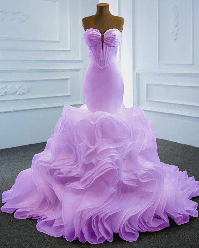 Sexy Mermaid Wedding Dress Plunge Neck Ruffles Train alinanova