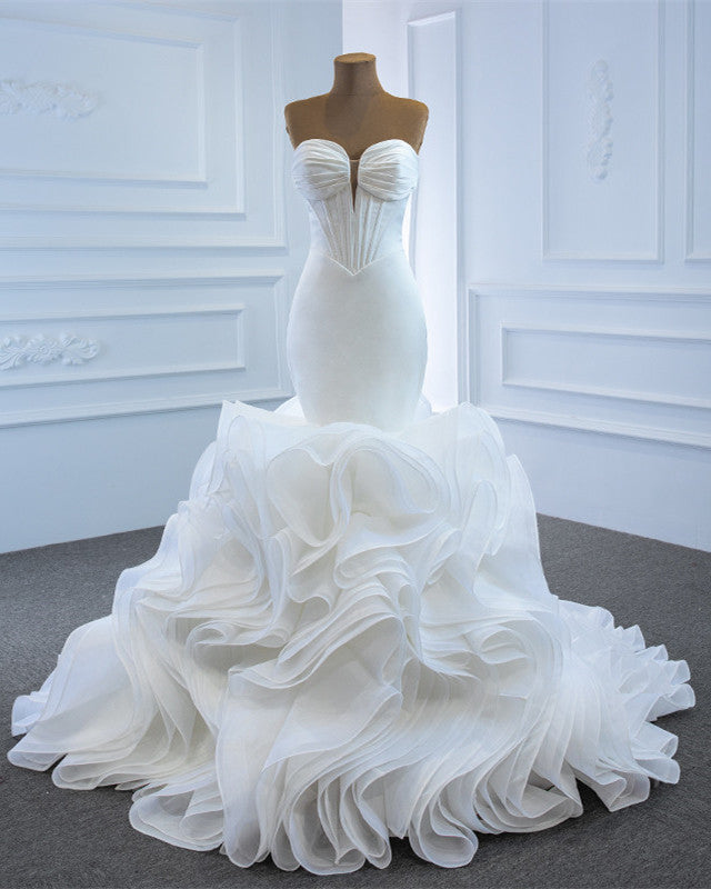 Sexy Mermaid Wedding Dress Plunge Neck Ruffles Train