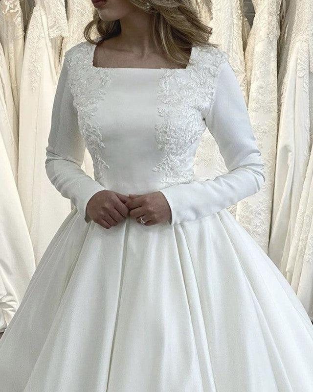 Modest Satin Wedding Dress Long Sleeves Lace Appliques