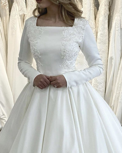 Modest Satin Wedding Dress Long Sleeves Lace Appliques-alinanova