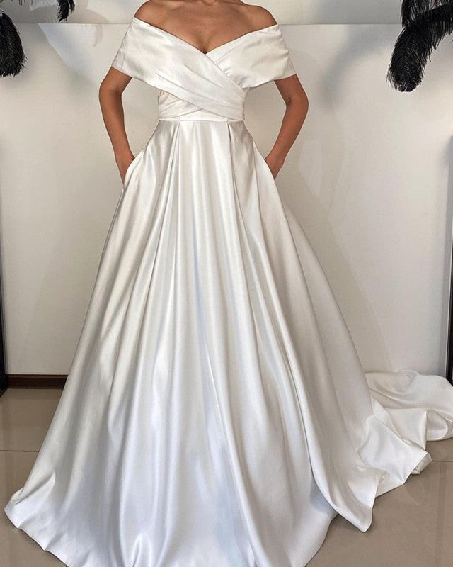 A-line Satin Off The Shoulder Wedding Dress With Pockets-alinanova