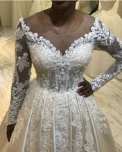 Load image into Gallery viewer, Sheer Neckline Wedding Dress Satin Backless Wedding Dress Lace Appliques
