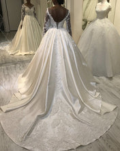 Load image into Gallery viewer, Sheer Neckline Wedding Dress Satin Backless Wedding Dress Lace Appliques
