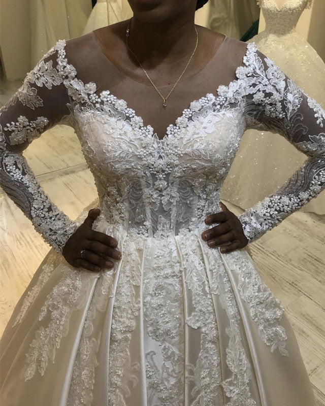 Sheer Neckline Wedding Dress Satin Backless Wedding Dress Lace Appliques-alinanova
