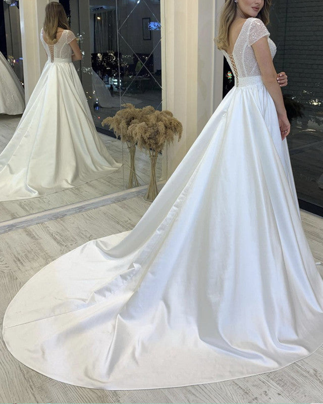 navy blue dress for baby girl A-Line V-Neck Sleeveless Tea-Length Satin Wedding Dress With main image 0
