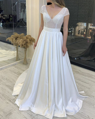 A-line Satin Wedding Dresses Sequins Beaded V Neck Cap Sleeves-alinanova