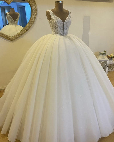 Lace Embroidery Plunge Neck Wedding Dress Bal Gown-alinanova