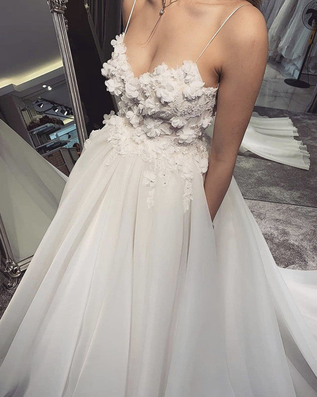 A-line 3D Flowers V Neck Tulle Wedding Dresses With Pockets