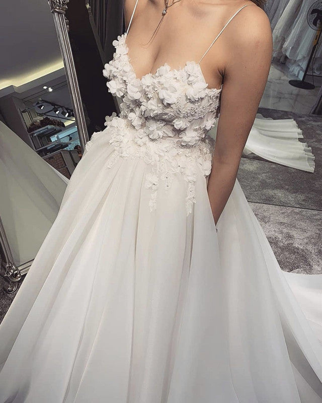 A-line 3D Flowers V Neck Tulle Wedding Dresses With Pockets-alinanova