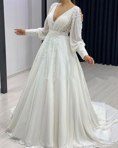 Boho Chiffon Wedding Dress Cold Sleeves-alinanova