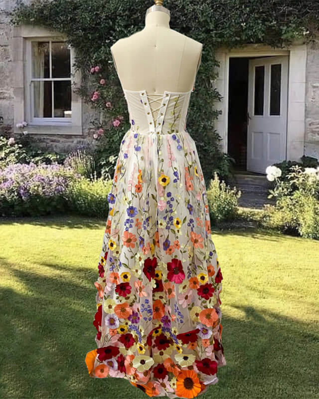 Fairytale A-line Corset Wedding Dress With 3D Floral Flowers