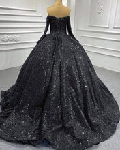 Load image into Gallery viewer, Black Sparkly Off Shoulder Long Sleeve Ball Gown

