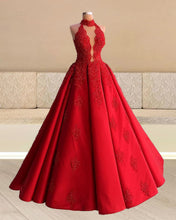 Load image into Gallery viewer, Red Lace Halter Ball Gown Satin Dress
