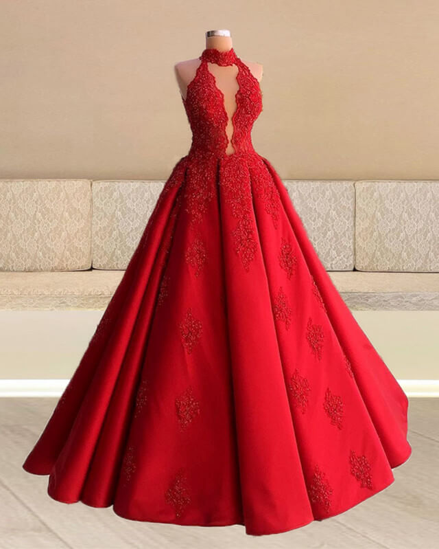 Red Lace Halter Ball Gown Satin Dress