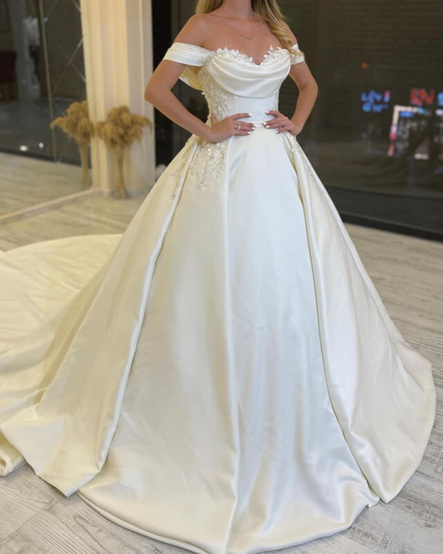off shoulder ruched wedding dress Vintage Wedding Dress Off Shoulder Ruched Back Medieval Bridal Gown Satin  Bride