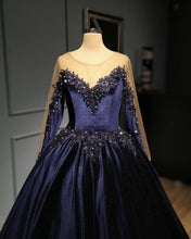 Load image into Gallery viewer, Navy Blue Velvet Ball Gown Long Sleeve Dress
