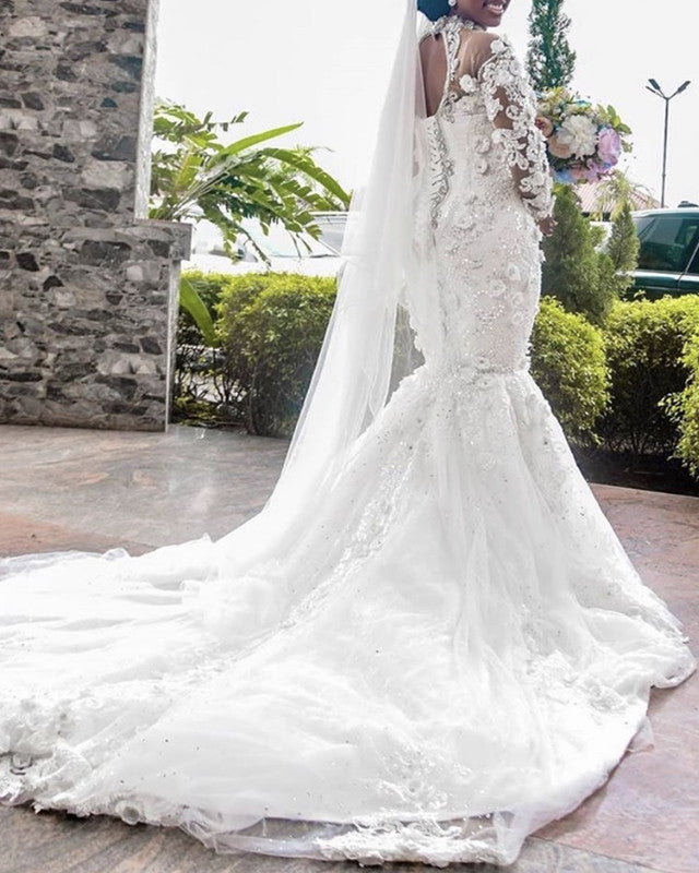 Luxury Crystal Beaded Mermaid Wedding Dress 3D Lace Sleeved Luxury Crystal Beaded Mermaid Wedding Dress 3D Lace Sleeved