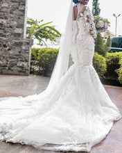 Load image into Gallery viewer, Luxury Crystal Beaded Mermaid Wedding Dress 3D Lace Sleeved
