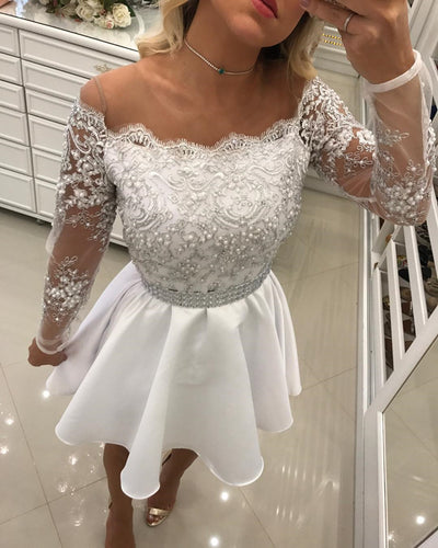 White Homecoming Dresses Lace Long Sleeves