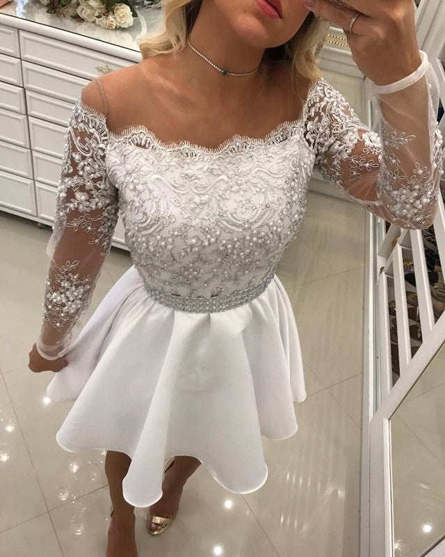 White Homecoming Dresses Lace Long Sleeves