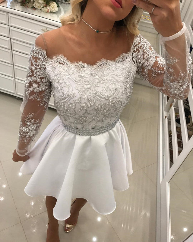Skin Color Neckline Satin Homecoming Dresses Lace Long Sleeves