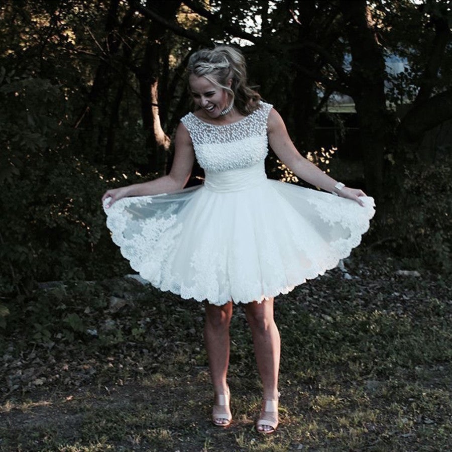 White Lace Appliques Tulle Homecoming Dresses Pearl Beaded Prom Dress Short-alinanova