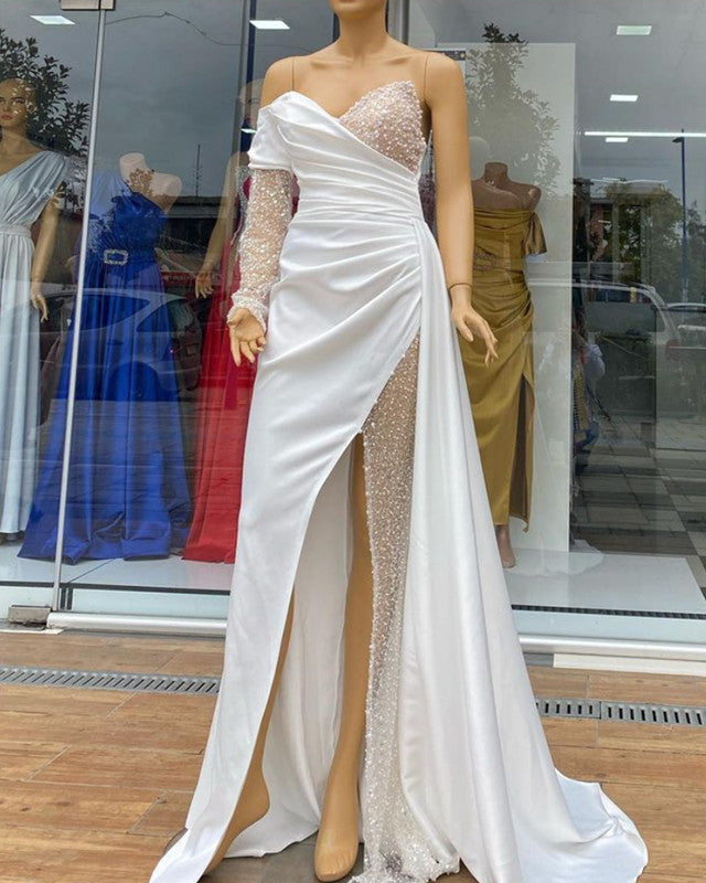 one shoulder white prom dress Mermaid Split Satin And Beaded Dresses Color:Midnight Floral Colorful dress Adelina is not just Get your bustle on!