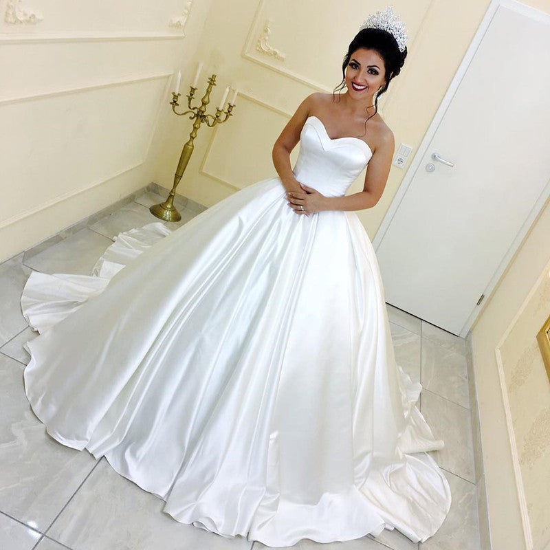 White Satin Bridal Wedding Dresses Ball Gowns With Sweetheart Neckline-alinanova