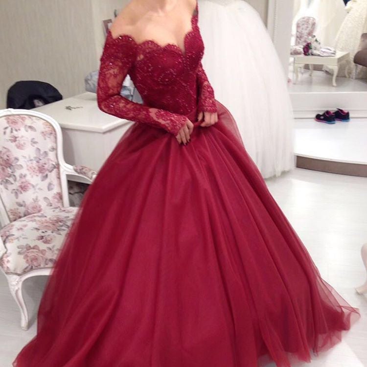 Wine Red Ball Gown Prom Dresses Lace Long Sleeves-alinanova
