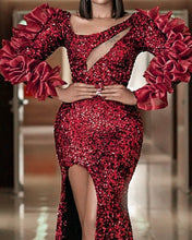 Load image into Gallery viewer, Wine Red Long Sleeve Sequin Prom Dresses
