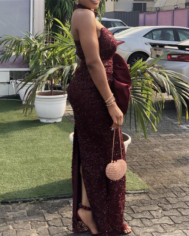 Wine Red Mermaid Sequin Prom Dresses High Neck Wine Red Mermaid Sequin Prom Dresses High Neck