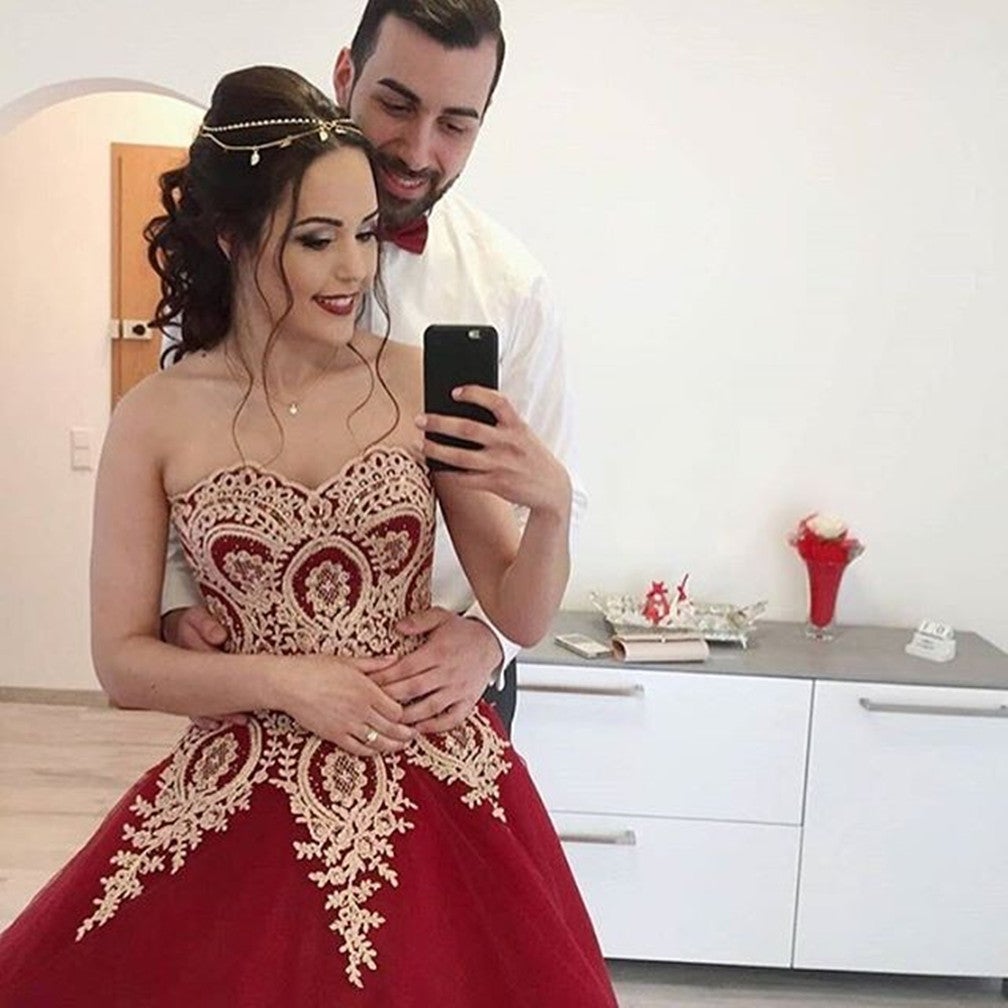 Wine Red Tulle Ball Gowns Wedding Dresses Gold Lace Appliques alinanova