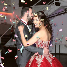 Load image into Gallery viewer, Wine Red Tulle Ball Gowns Wedding Dresses Gold Lace Appliques
