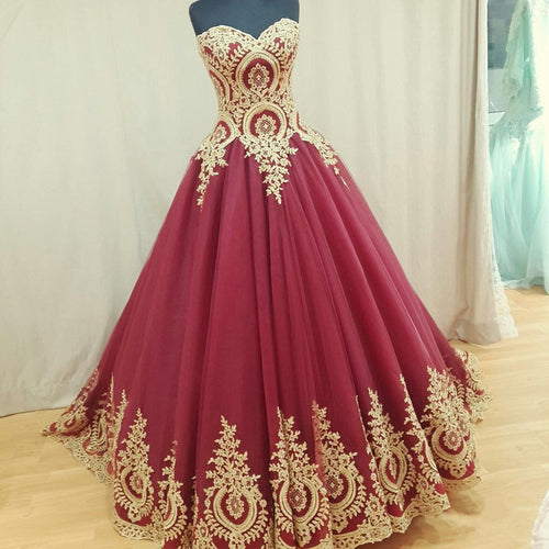 Wine Red Tulle Ball Gowns Wedding Dresses Gold Lace Appliques-alinanova