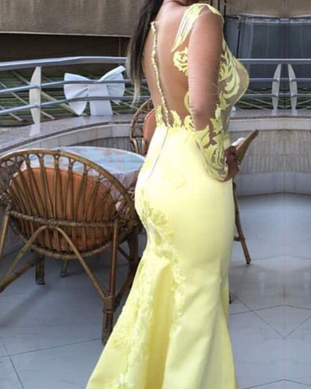 fitted lace wedding dress Yellow Mermaid Prom Dresses One Shoulder Lace Embroidery