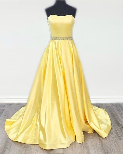 Yellow Satin Strapless Ball Gown Dresses Beaded Sashes-alinanova