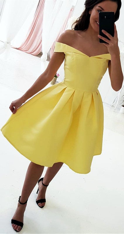Yellow Satin V-neck Off Shoulder Prom Dresses Short Homecoming Dresses Yellow Satin V-neck Off Shoulder Prom Dresses Short Homecoming Dresses