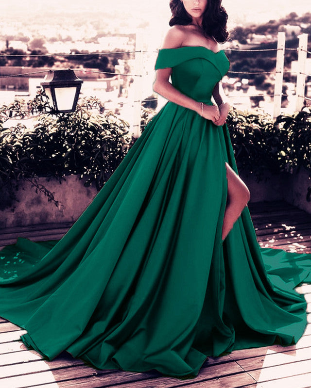 Elegant Prom Dresses Satin Front Slit Off Shoulder Elegant Prom Dresses Satin Front Slit Off Shoulder