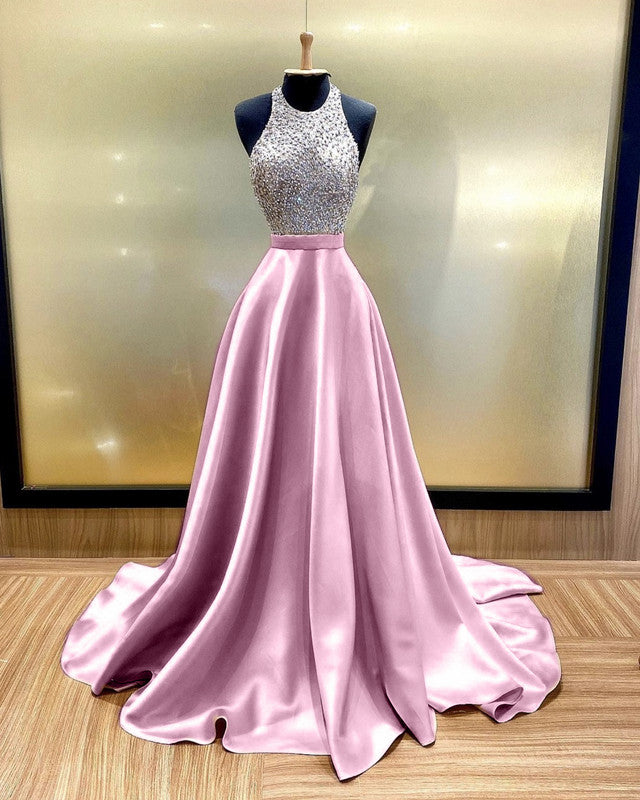 halter backless prom dress Sparkly Beaded Satin Evening Gowns Long Cutout Sequin Gown with Navy Blue rose gold sequin gown Size:5 Girls