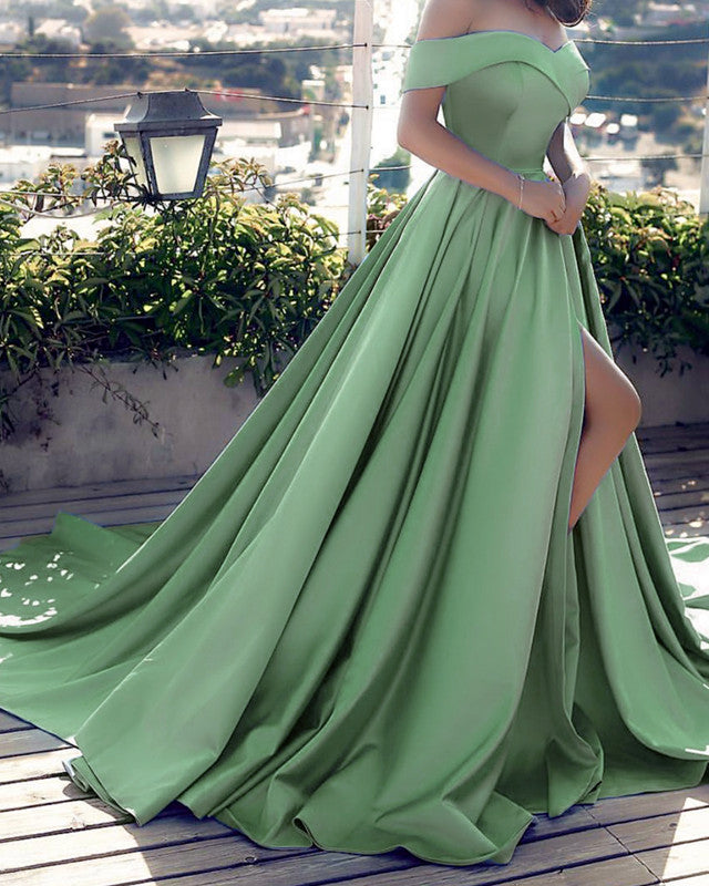 Long Satin Off Shoulder Bridesmaid Dresses Front Slit