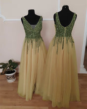 Load image into Gallery viewer, Tulle Floor Length Split Dresses With Beaded V Neckline
