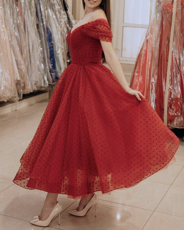 Elegant Tulle Off The Shoulder Midi Prom Party Dresses