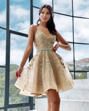 Load image into Gallery viewer, Short V Neck Homecoming Dresses Lace Appliques Beaded Sashes-alinanova
