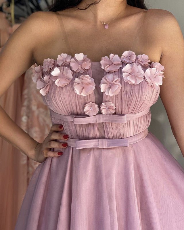 Tulle Homecoming Dresses Strapless With Handmade Flowers