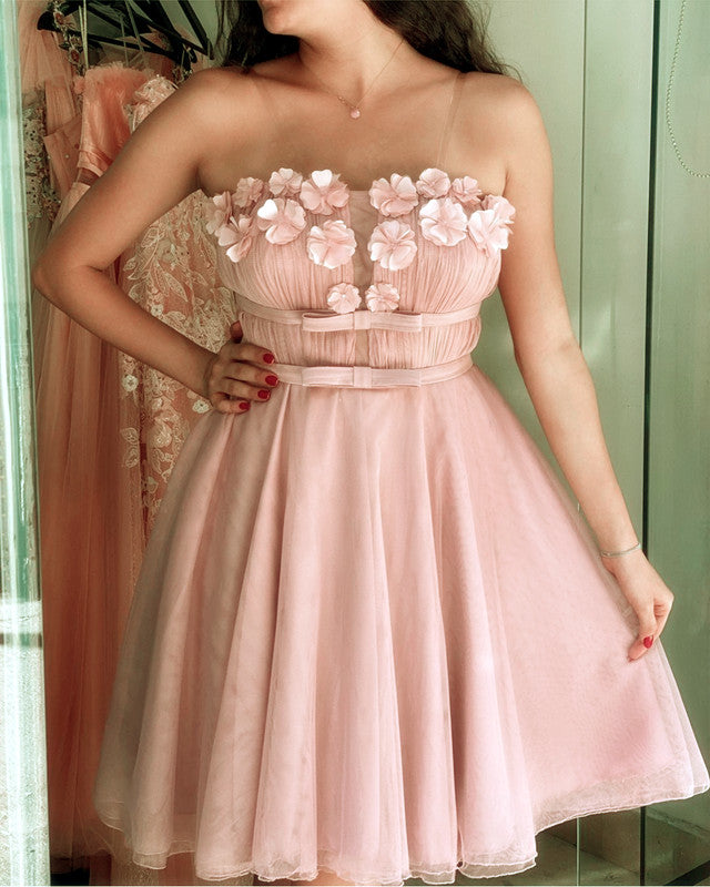 hoco dresses strapless Tulle Homecoming Dresses Strapless With Handmade Flowers