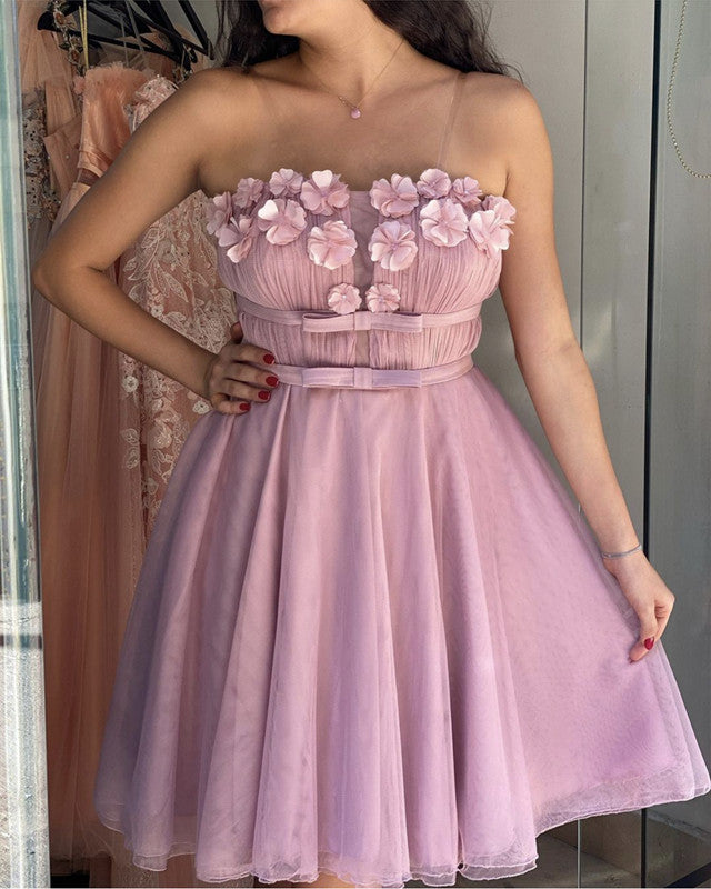 light pink hoco dress strapless Tulle Homecoming Dresses With Handmade Flowers ISLAMIC DRESSES Add on:Birthday Duo: (Dress & Rosebud Party hat) Strapless Neckline Sleeves Brown Monk Strap &